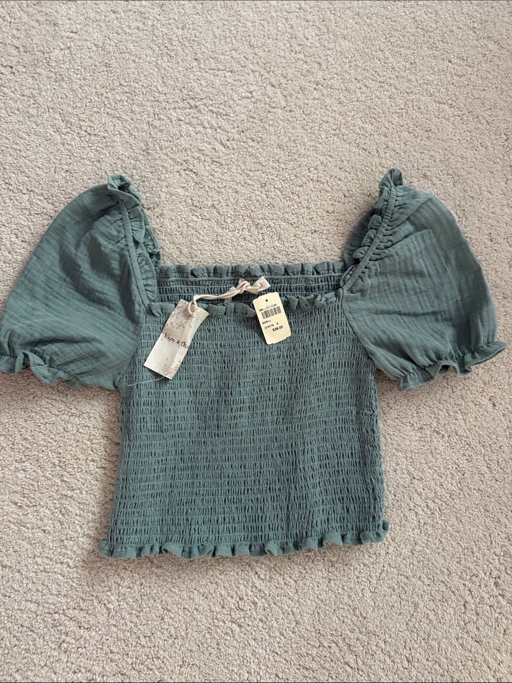 Hem & Thread Sage Green Smocked Puff-Sleeve Crop Top